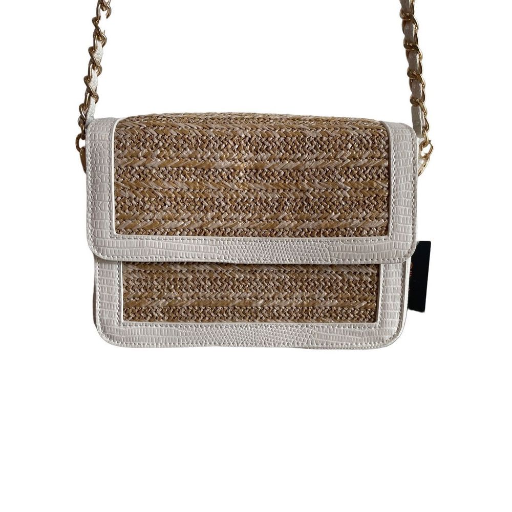 Like Dreams white and rattan vegan crossbody purse gold chain with vegan leather